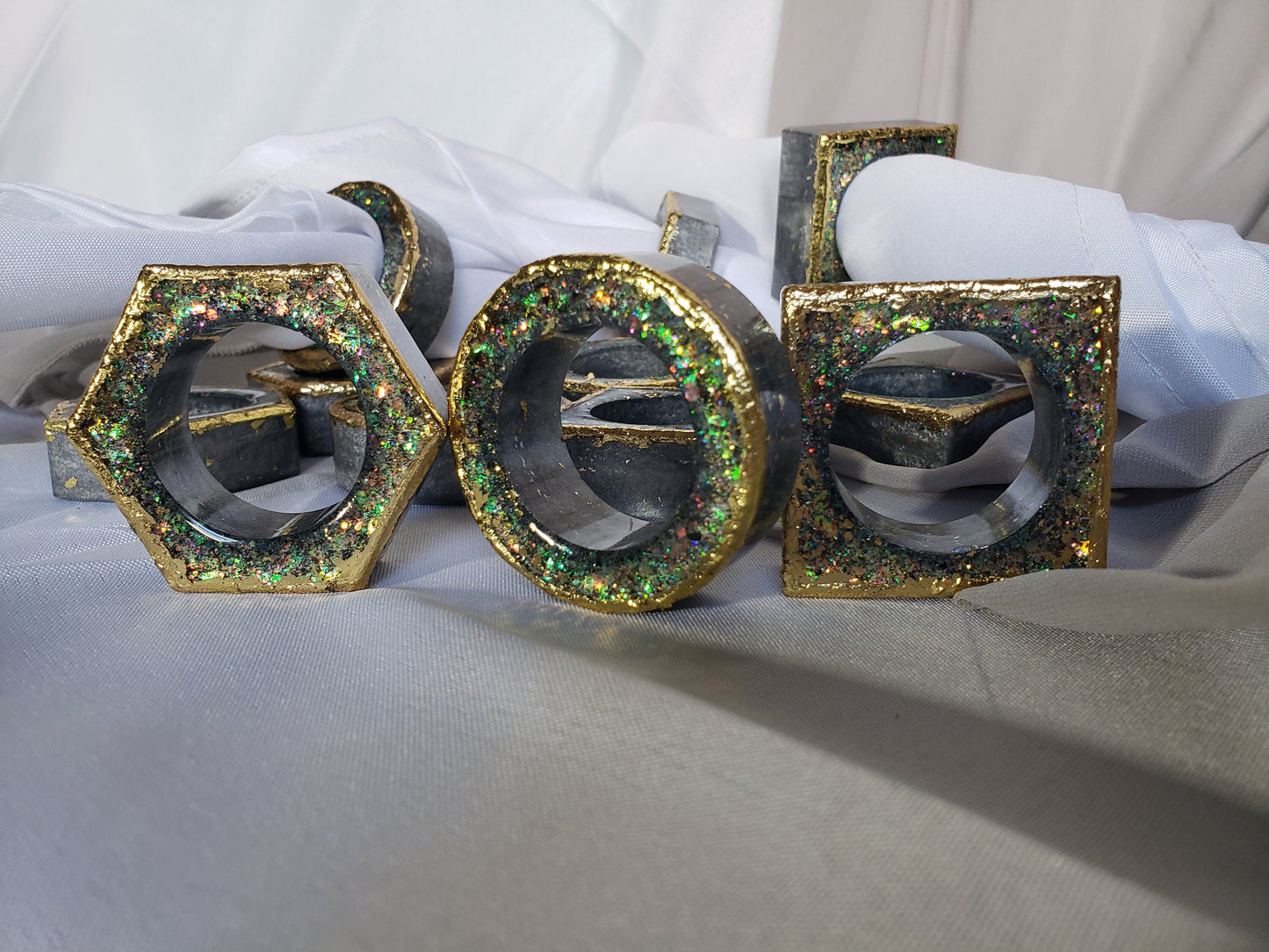 Gorgeous napkin ring set .3 different shapes of 4 matching rings. 12pc. Wedding, housewarming gift, party favor, dining table accent