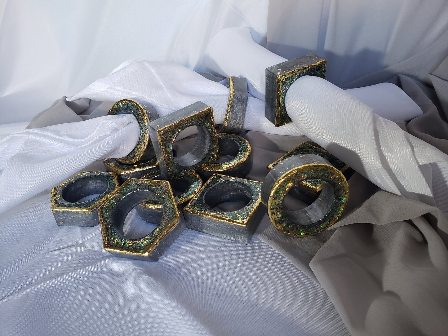 Gorgeous napkin ring set .3 different shapes of 4 matching rings. 12pc. Wedding, housewarming gift, party favor, dining table accent