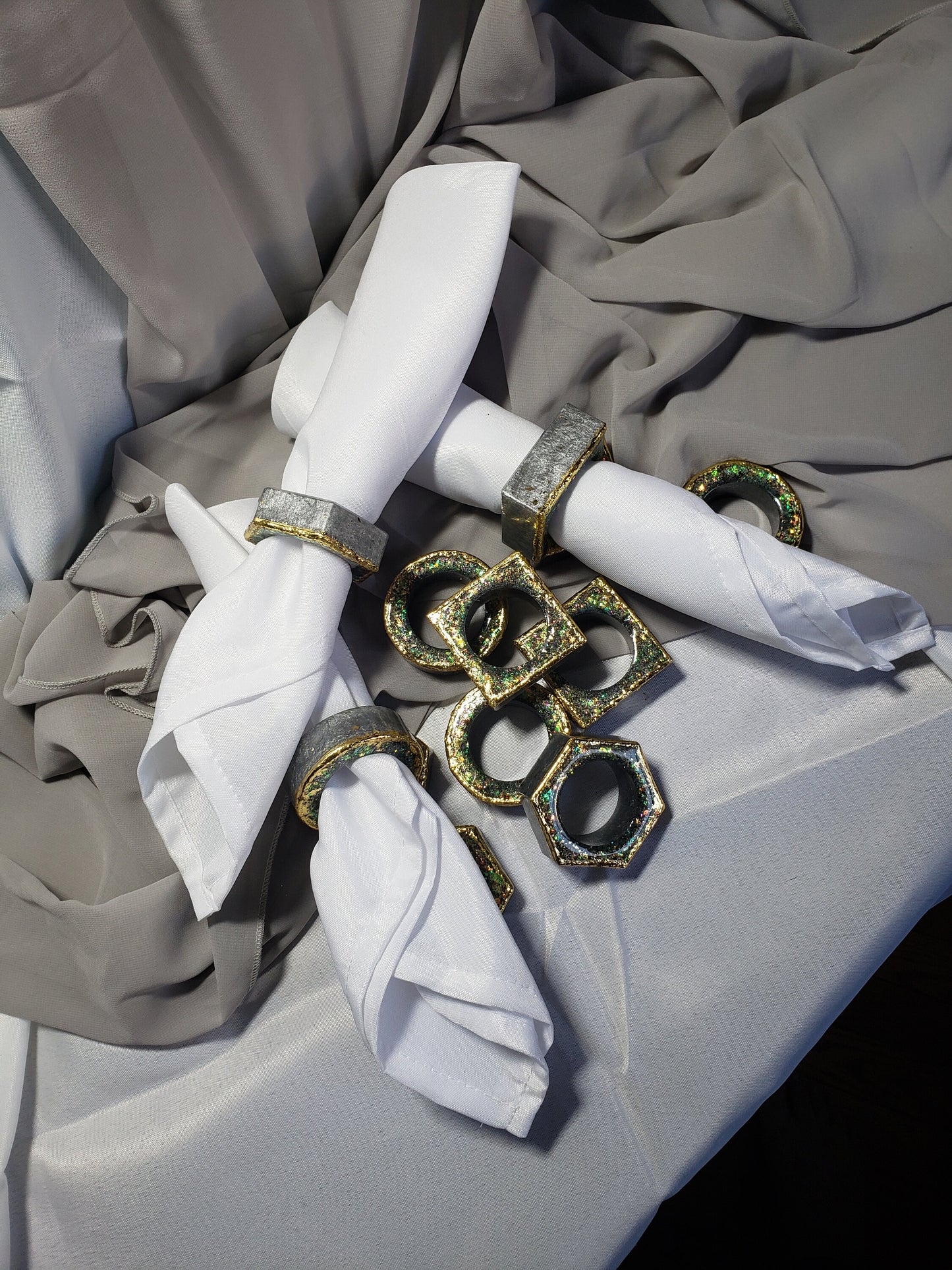 Gorgeous napkin ring set .3 different shapes of 4 matching rings. 12pc. Wedding, housewarming gift, party favor, dining table accent