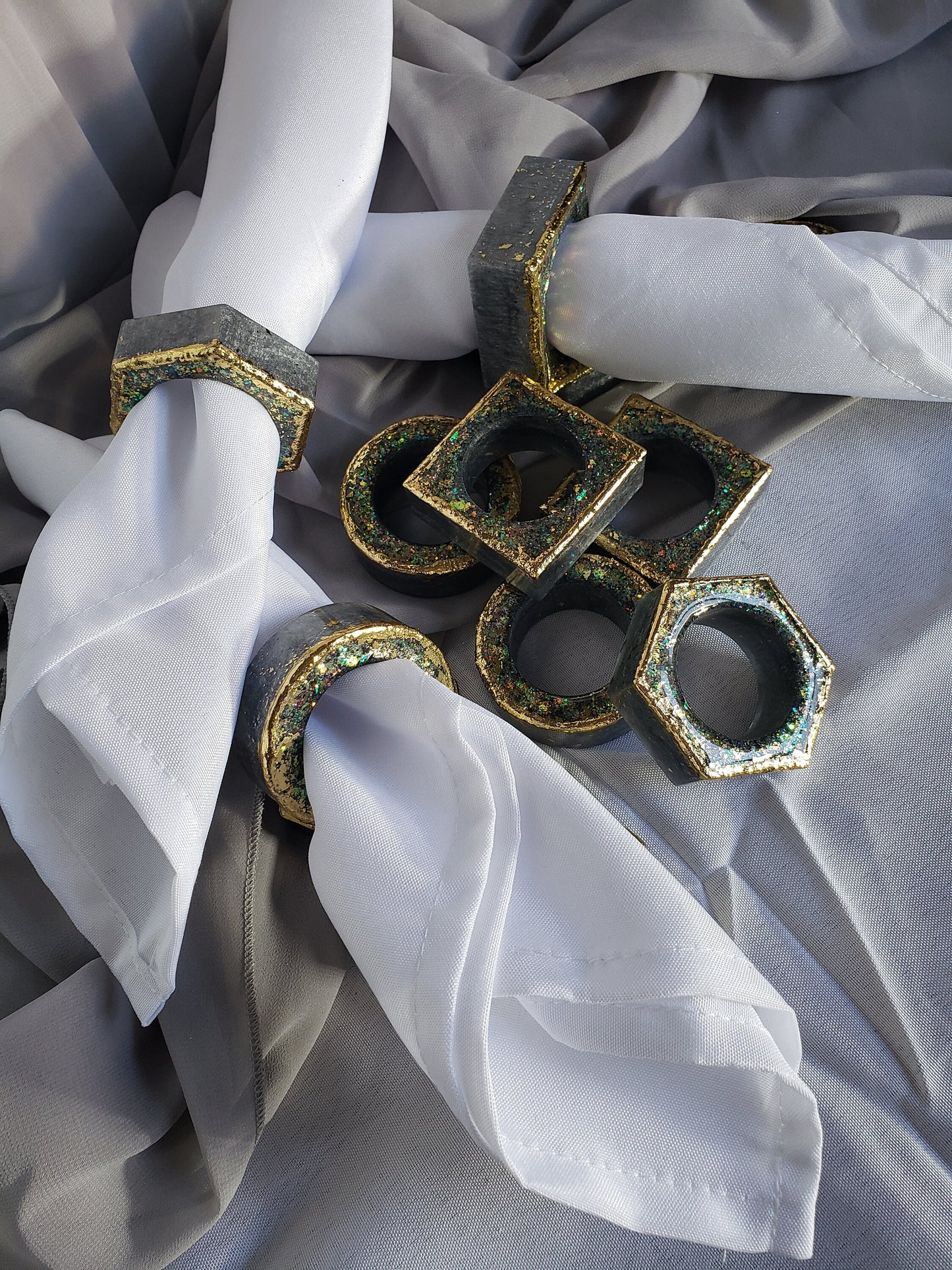 Gorgeous napkin ring set .3 different shapes of 4 matching rings. 12pc. Wedding, housewarming gift, party favor, dining table accent