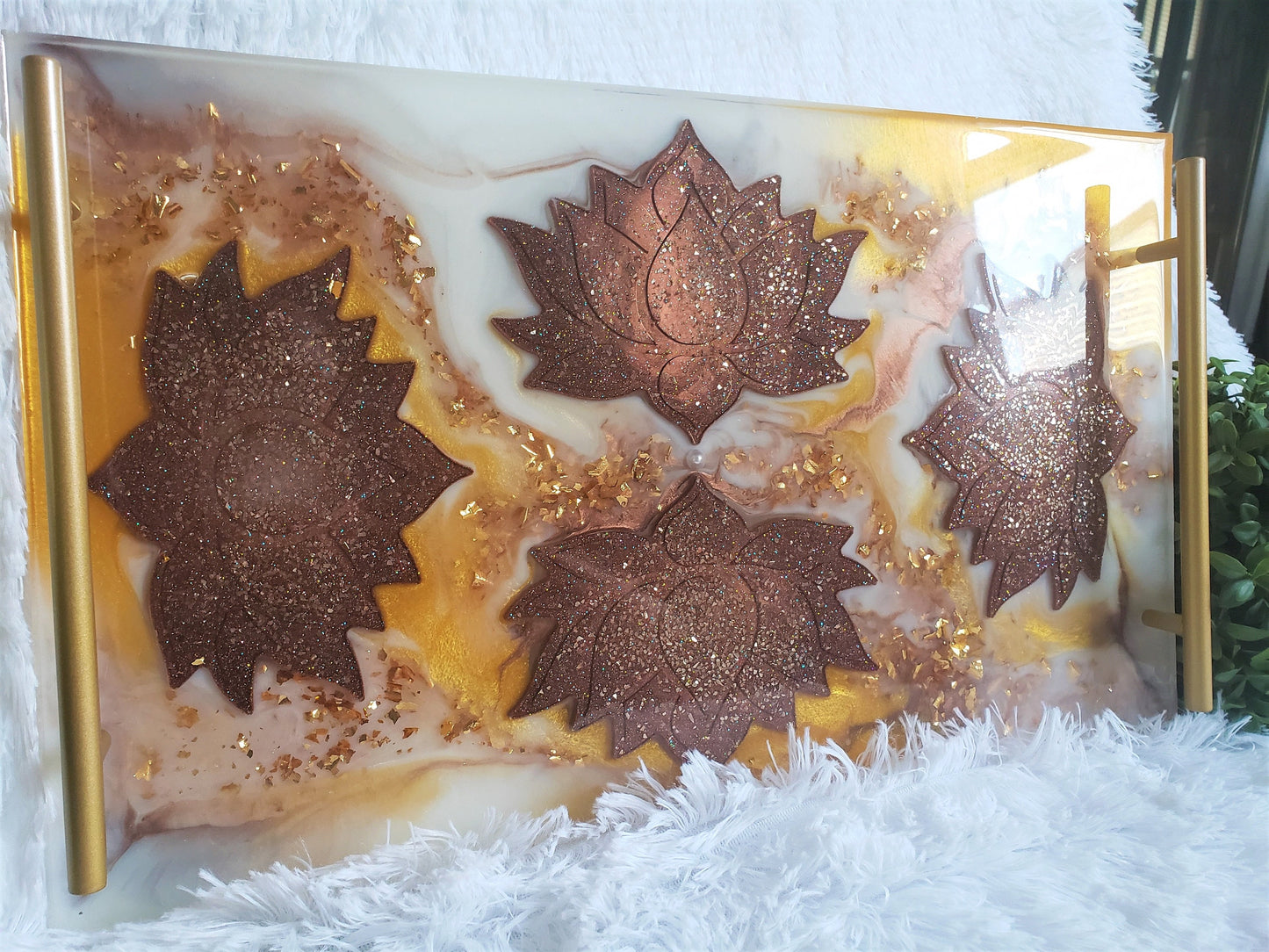 Geode resin giant tray, charcuterie board. Extra large tray with handles. Lotus inlay for added chic .Small side table top. Home décor tray