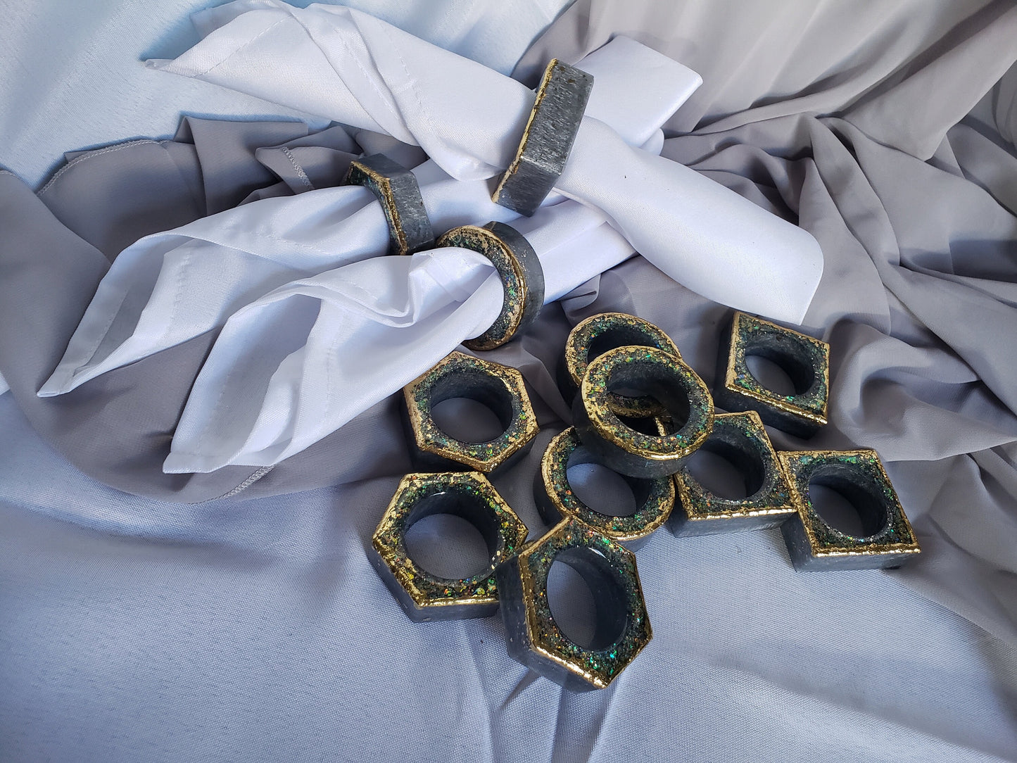 Gorgeous napkin ring set .3 different shapes of 4 matching rings. 12pc. Wedding, housewarming gift, party favor, dining table accent