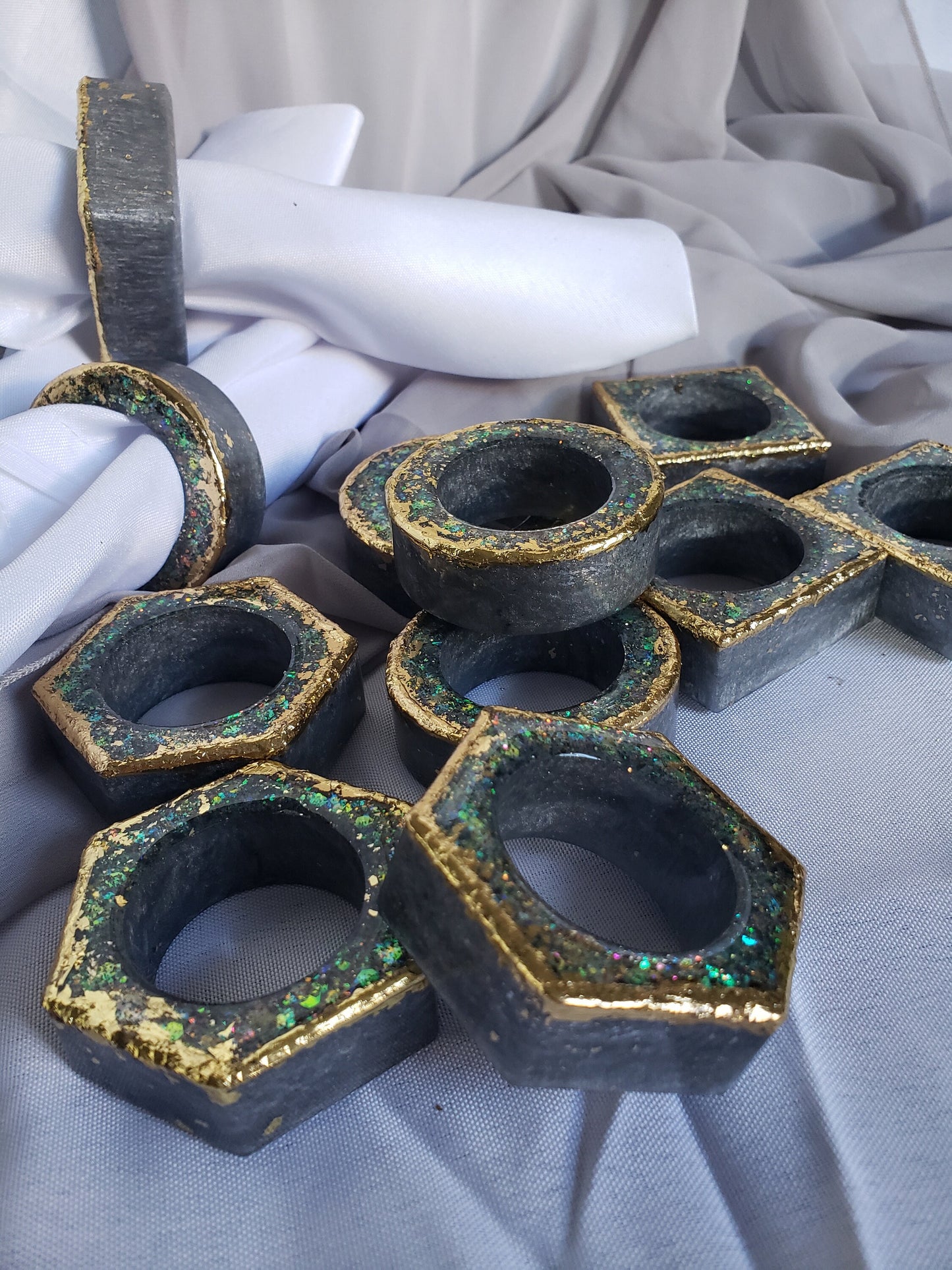 Gorgeous napkin ring set .3 different shapes of 4 matching rings. 12pc. Wedding, housewarming gift, party favor, dining table accent