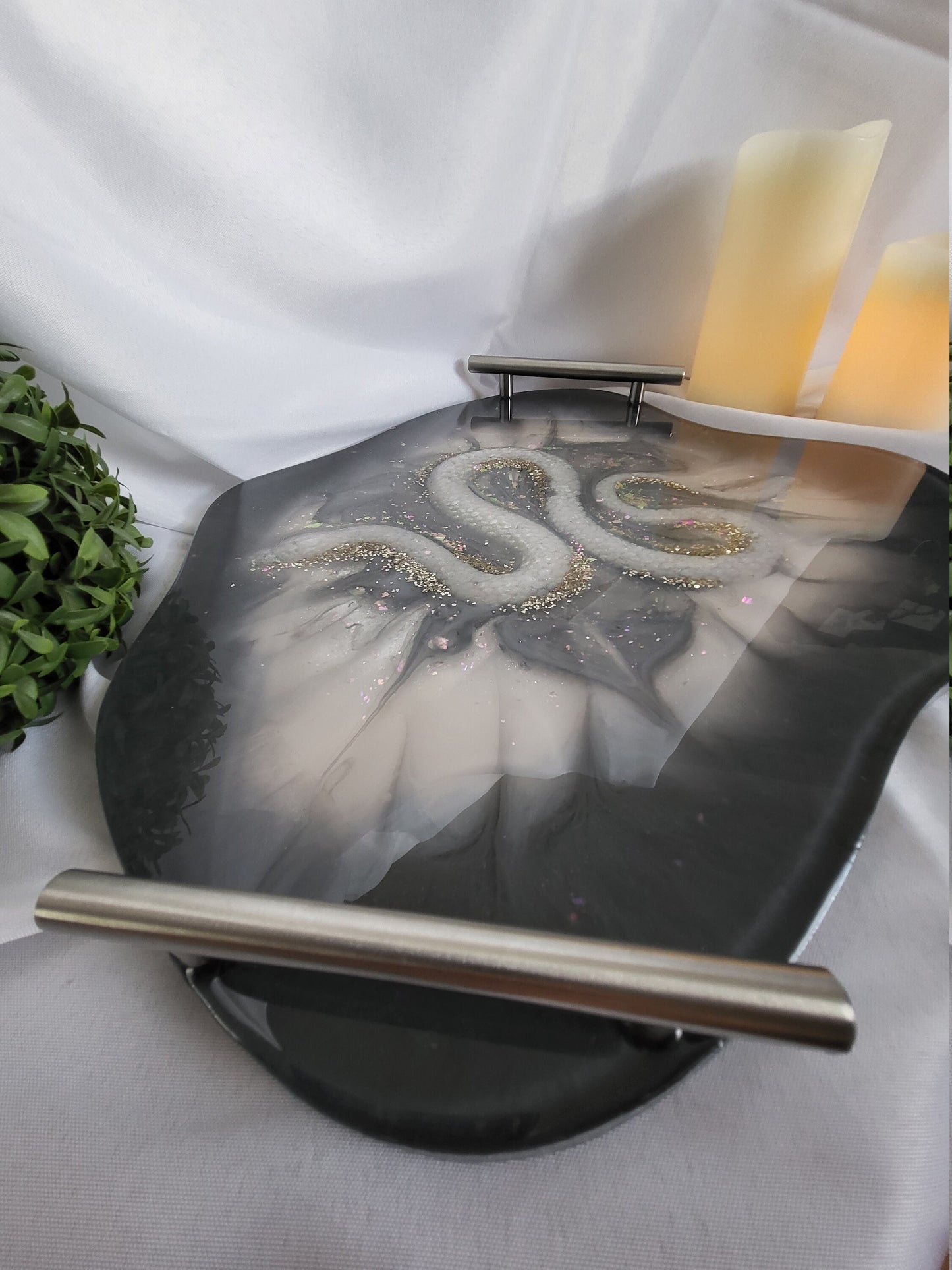 Geode resin large tray. Agate irregular round shape tray with handles. Snake inlay added .Multi use color shift base. Witchy serpent design