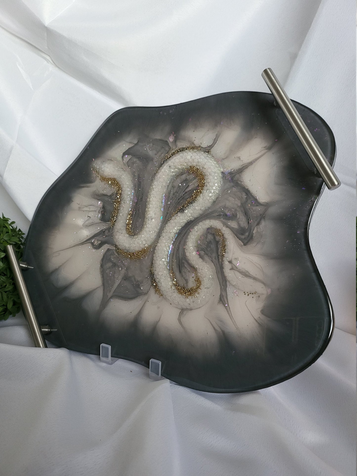 Geode resin large tray. Agate irregular round shape tray with handles. Snake inlay added .Multi use color shift base. Witchy serpent design