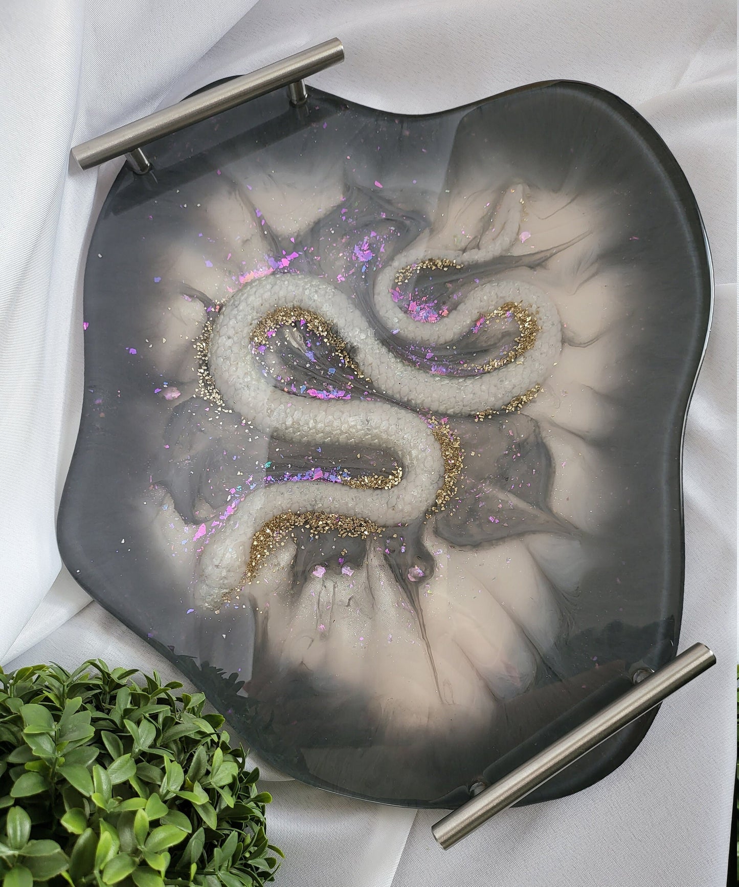Geode resin large tray. Agate irregular round shape tray with handles. Snake inlay added .Multi use color shift base. Witchy serpent design