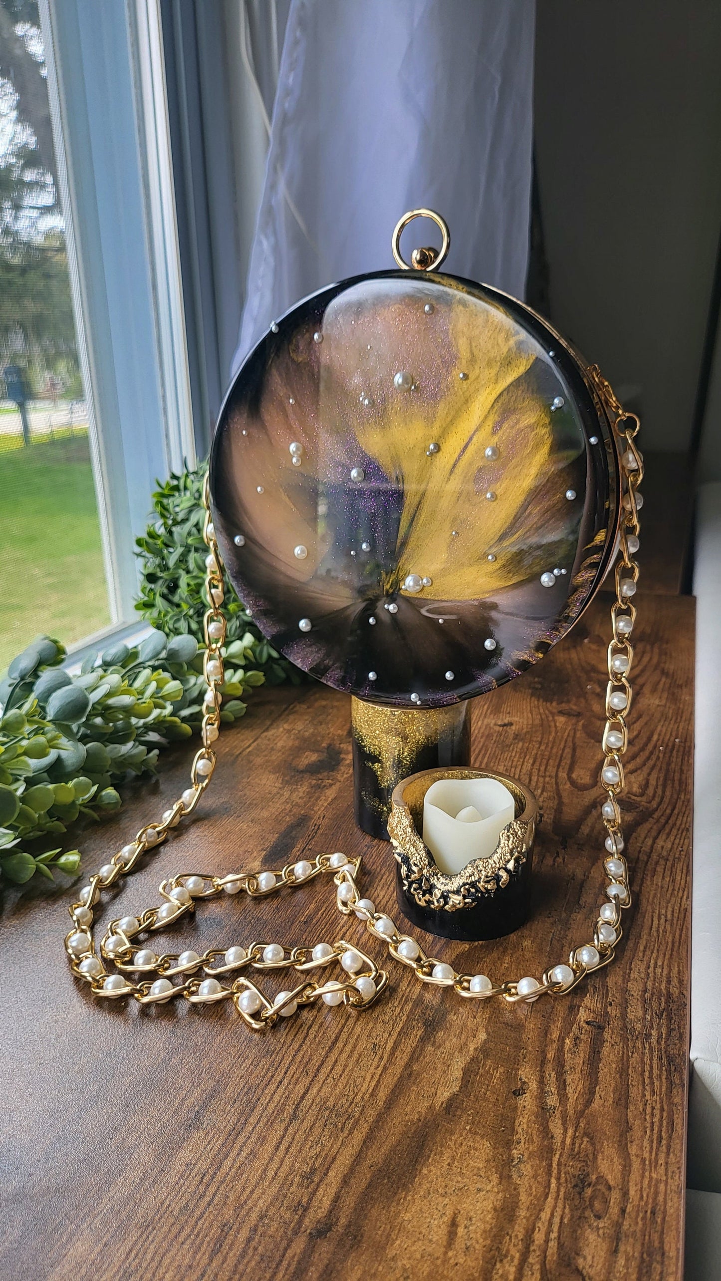 Clutch, evening purse. Handmade resin shoulder purse. Statement piece, fashion statement. Outfit accent, pearl round clutch. Ships June 1st.