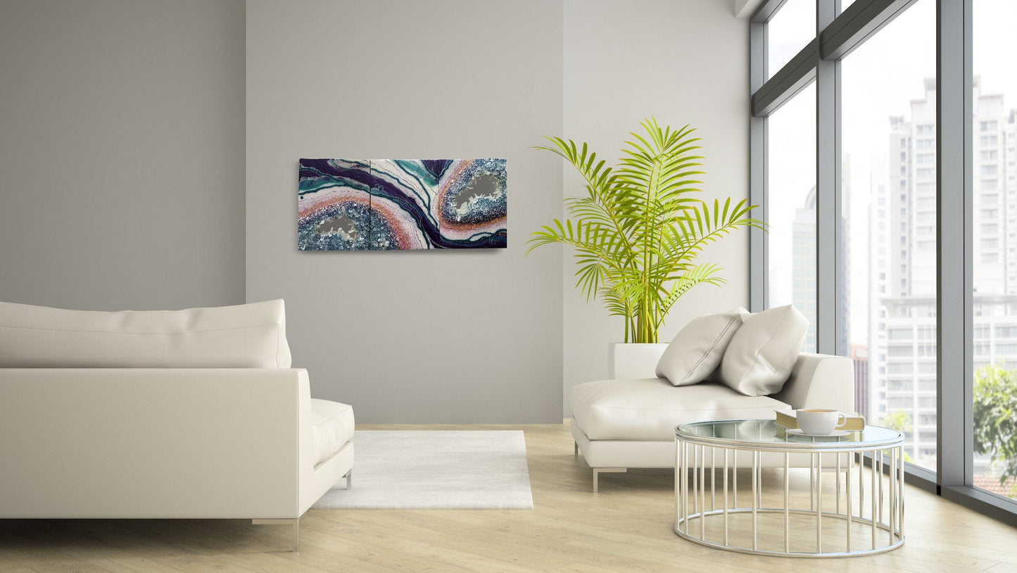Geode resin painting with crystals. Shimmering effect painting inspired by nature. Tryptich