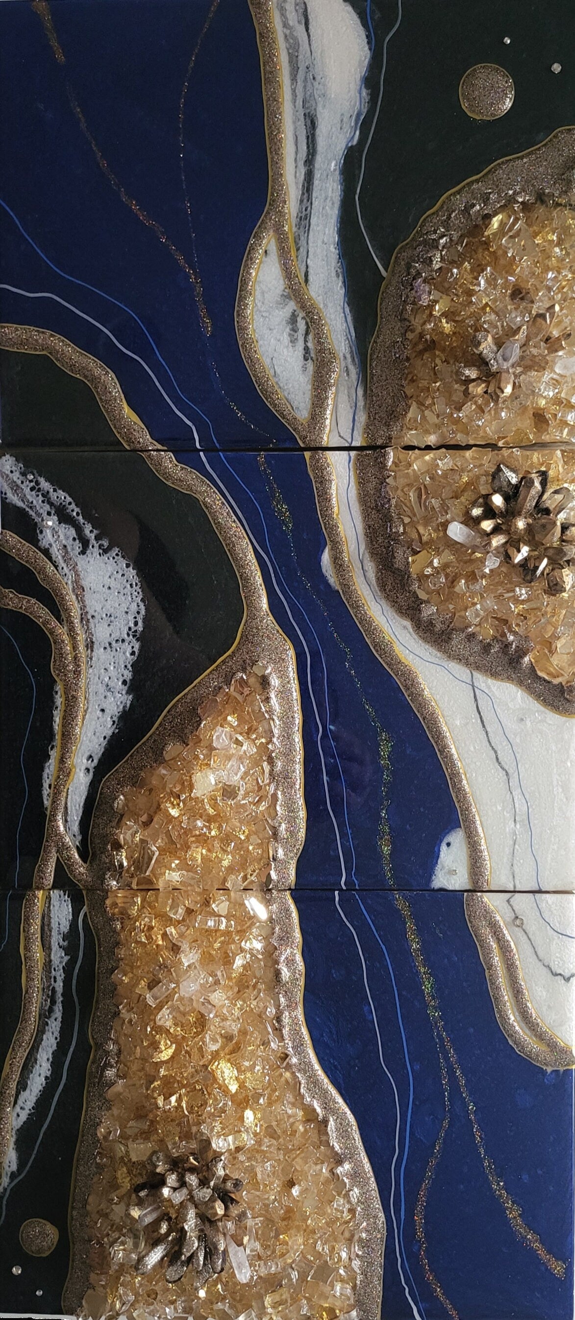 Geode resin painting with crystals. Shimmering effect painting inspired by nature. Tryptich
