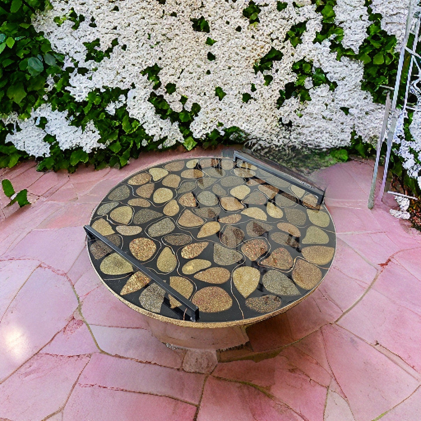 Extra large ottoman tray. Round shape 24inch serving board. Large handles for easy handling .Multi use base pebble home decor accent.