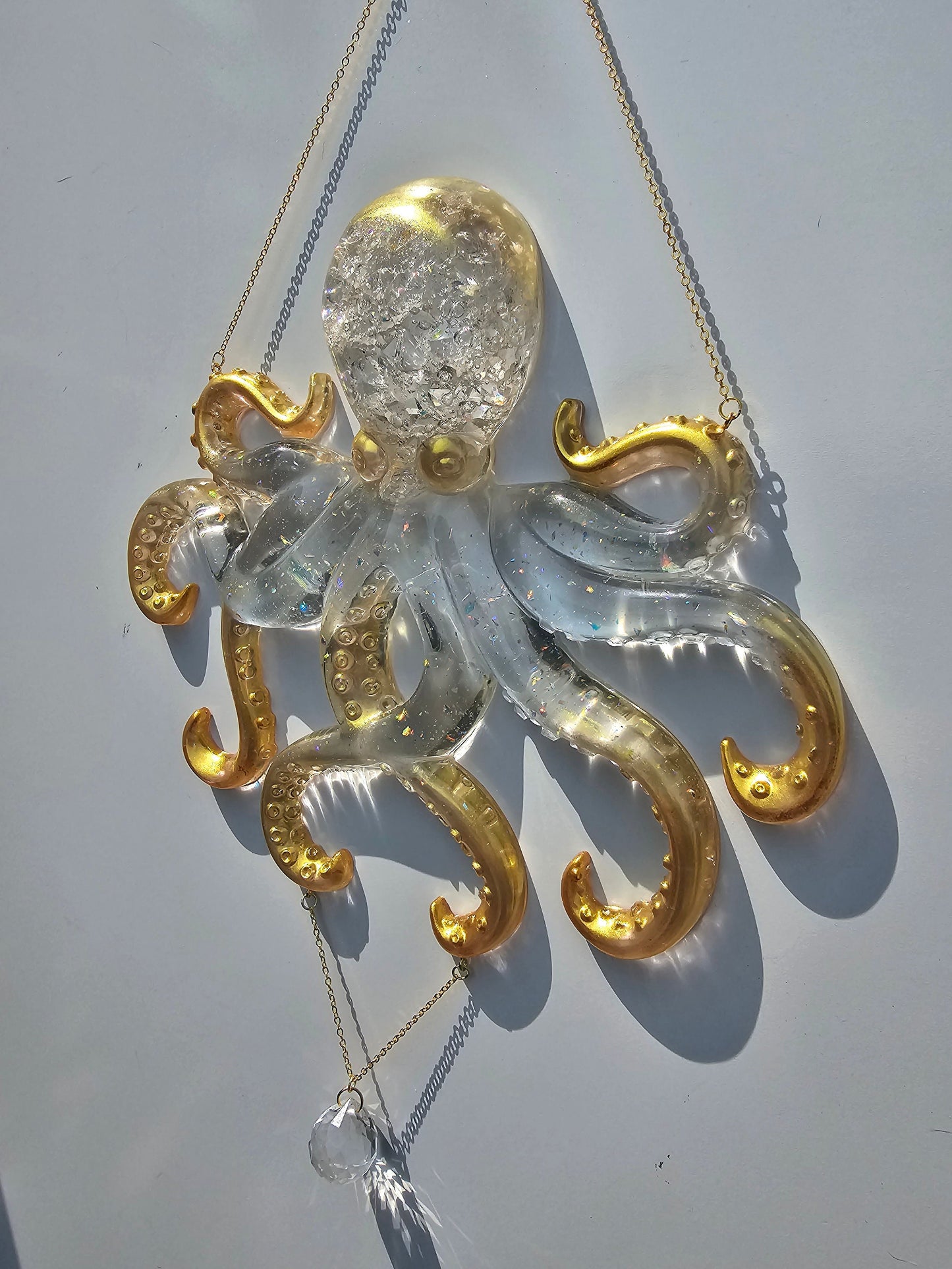 Octopus wall art. Clear iridescent suncatcher. Ocean art, window decor.