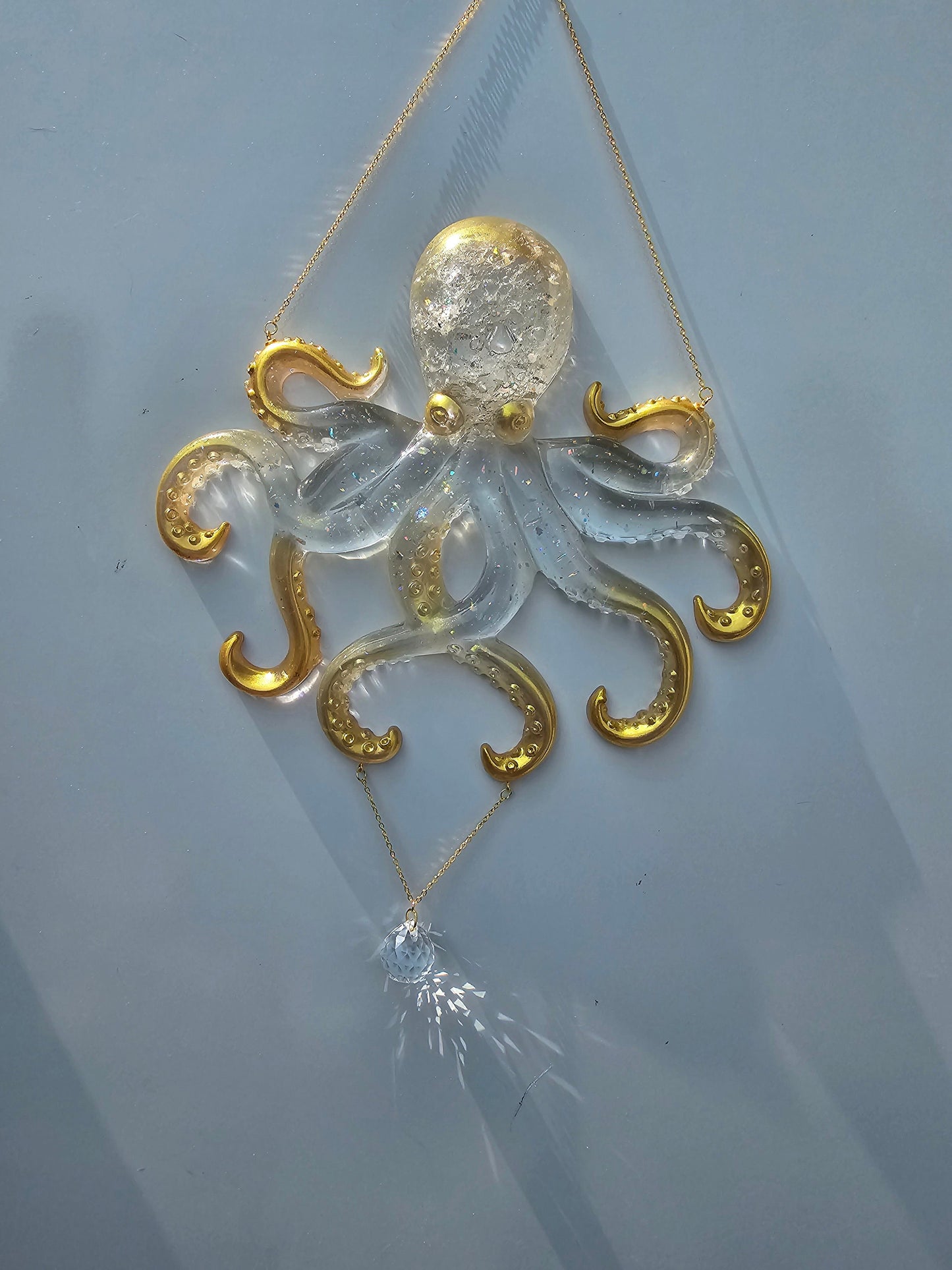 Octopus wall art. Clear iridescent suncatcher. Ocean art, window decor.