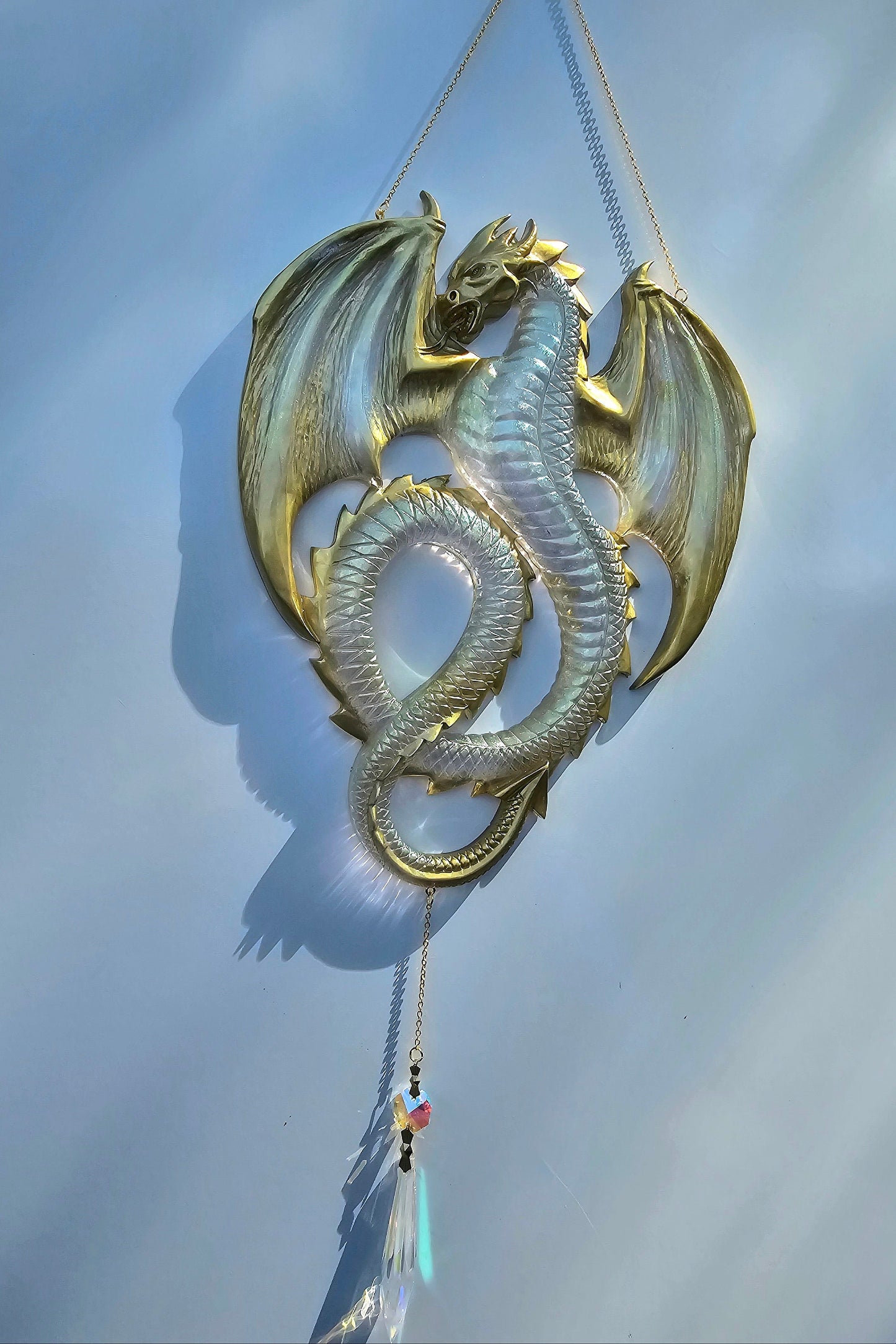 Dragon wall art. Flying dragon wall suncatcher. Oriental art, ritual decor. Witch craft gift. Window decor, Suncatcher. Brushed gold dragon