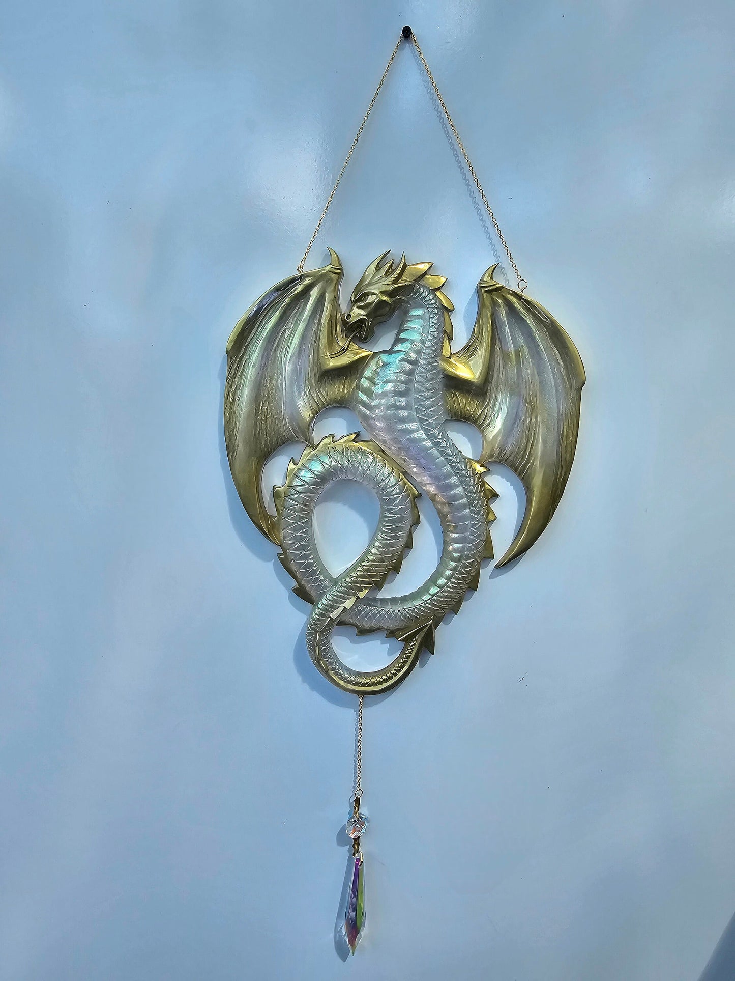 Dragon wall art. Flying dragon wall suncatcher. Oriental art, ritual decor. Witch craft gift. Window decor, Suncatcher. Brushed gold dragon