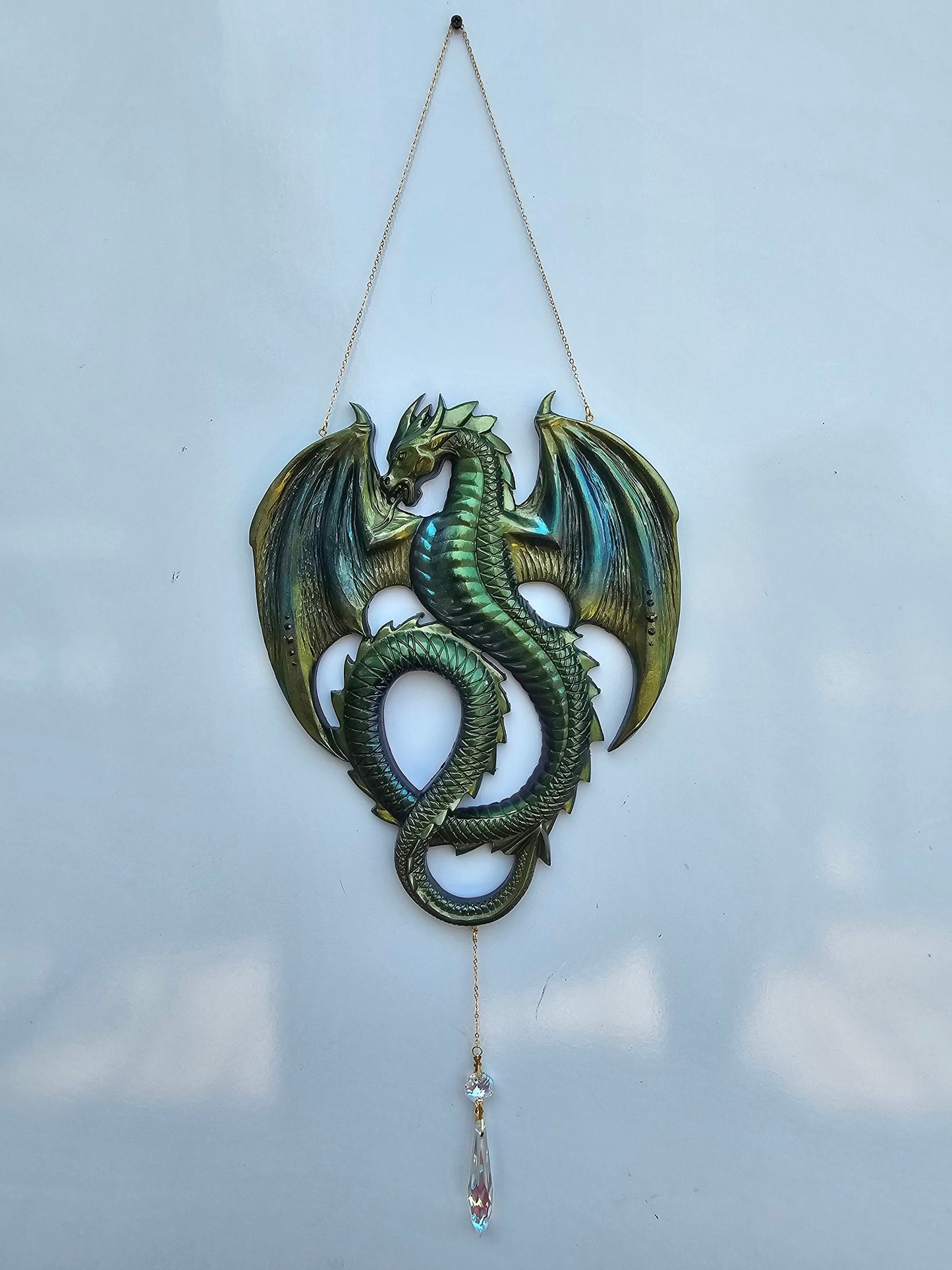 Dragon wall art. Flying dragon wall suncatcher. Oriental art, ritual decor. Witch craft gift. Window decor, Suncatcher. Brushed gold dragon