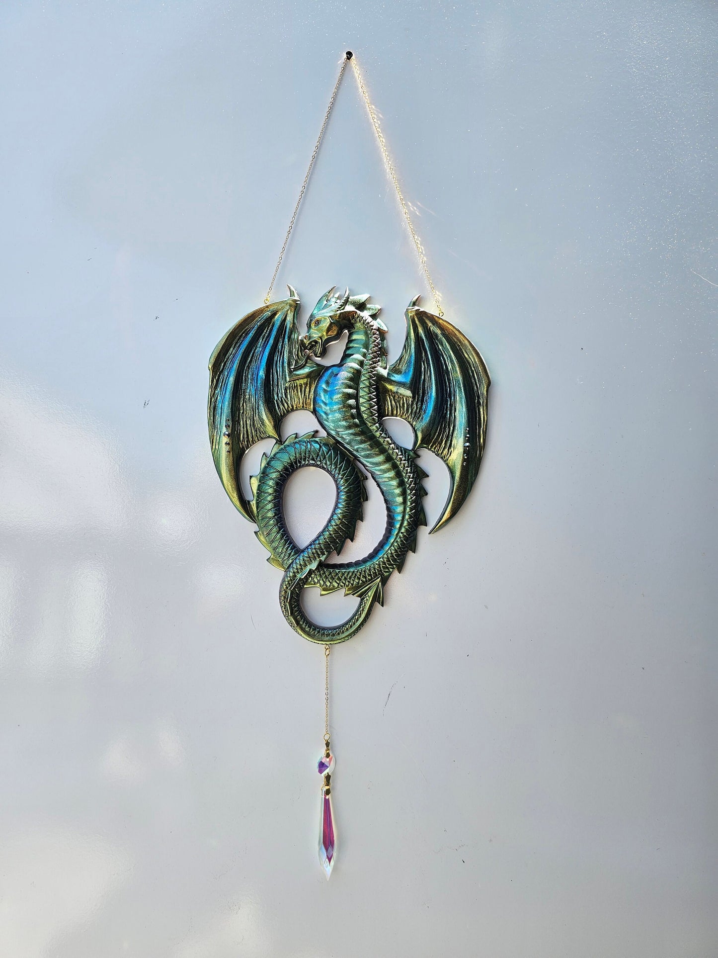 Dragon wall art. Flying dragon wall suncatcher. Oriental art, ritual decor. Witch craft gift. Window decor, Suncatcher. Brushed gold dragon
