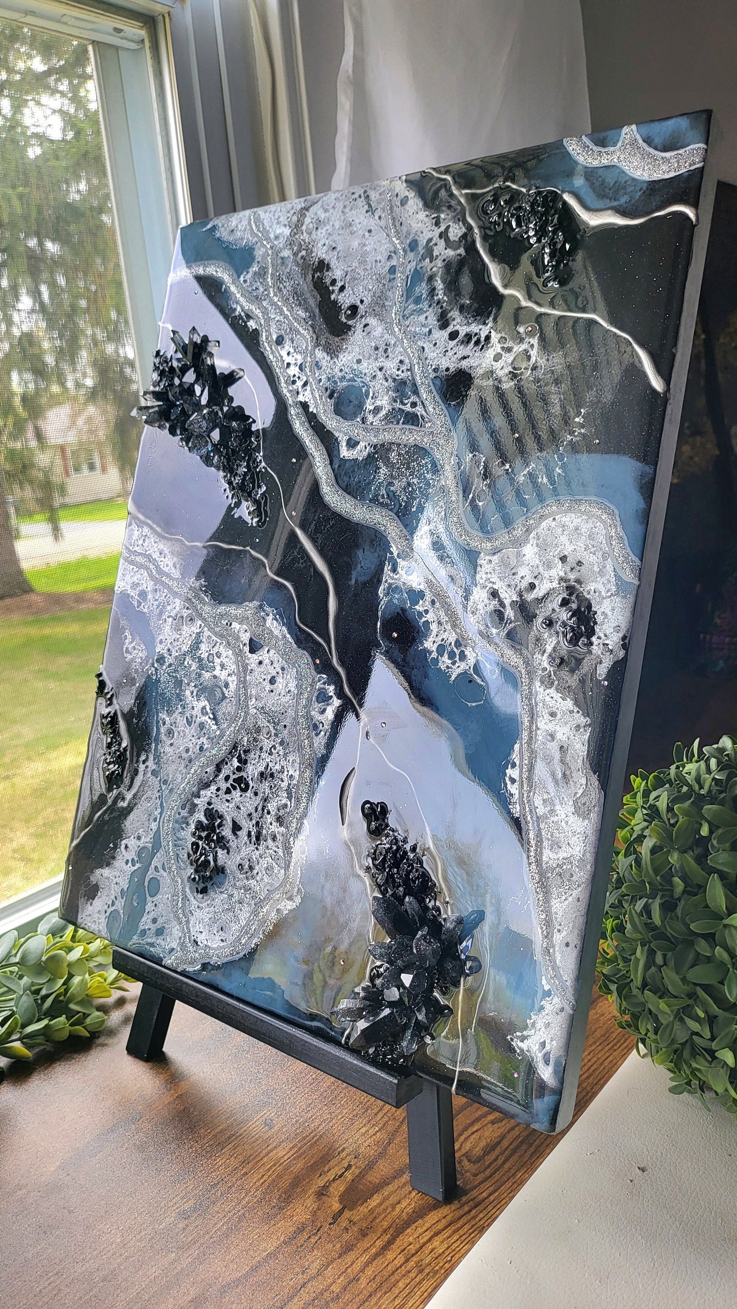 Resin wallart with dark crystal accents. Resin contemporary geode shimmering effect painting. 11"×14"