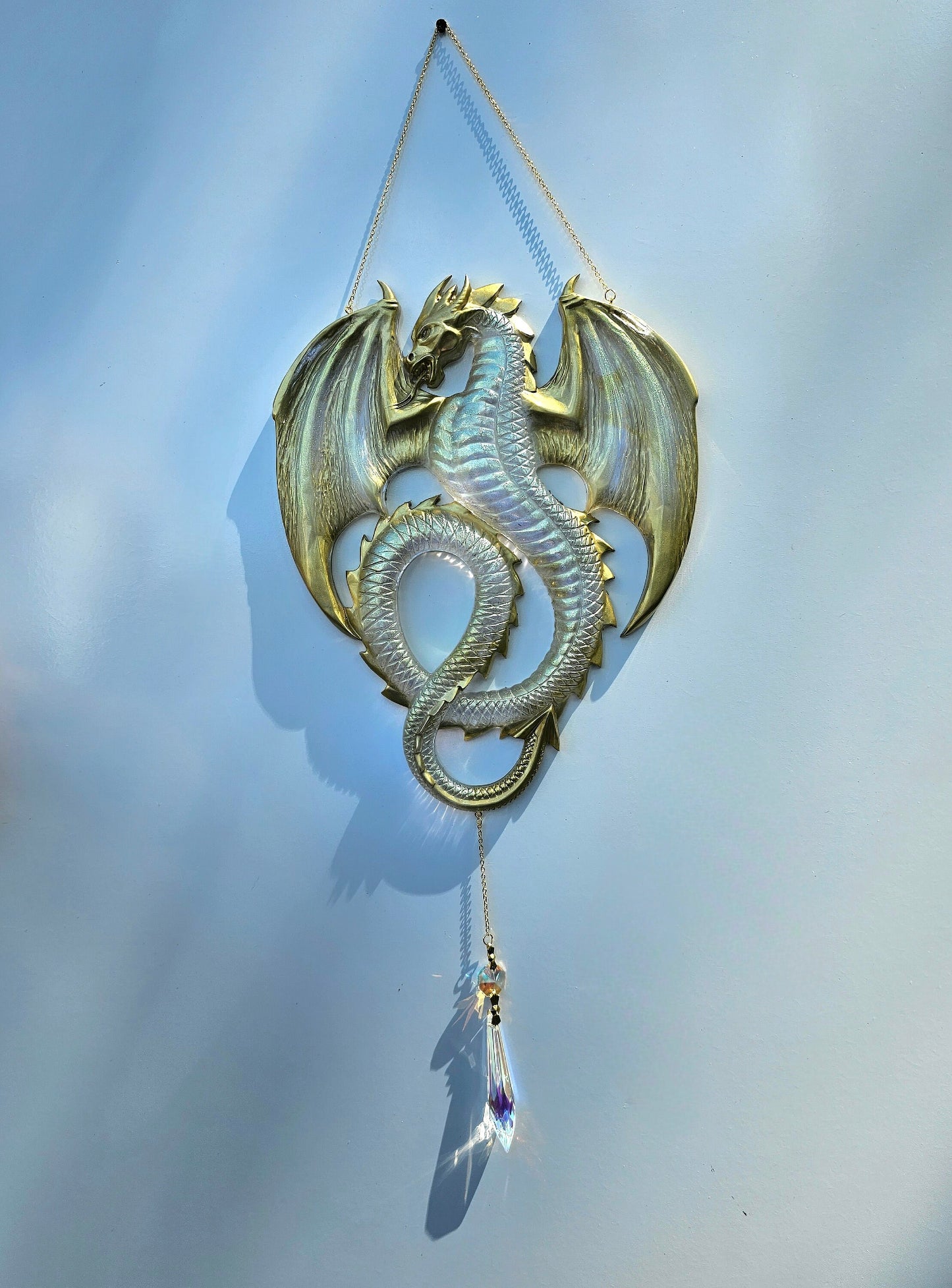 Dragon wall art. Flying dragon wall suncatcher. Oriental art, ritual decor. Witch craft gift. Window decor, Suncatcher. Brushed gold dragon