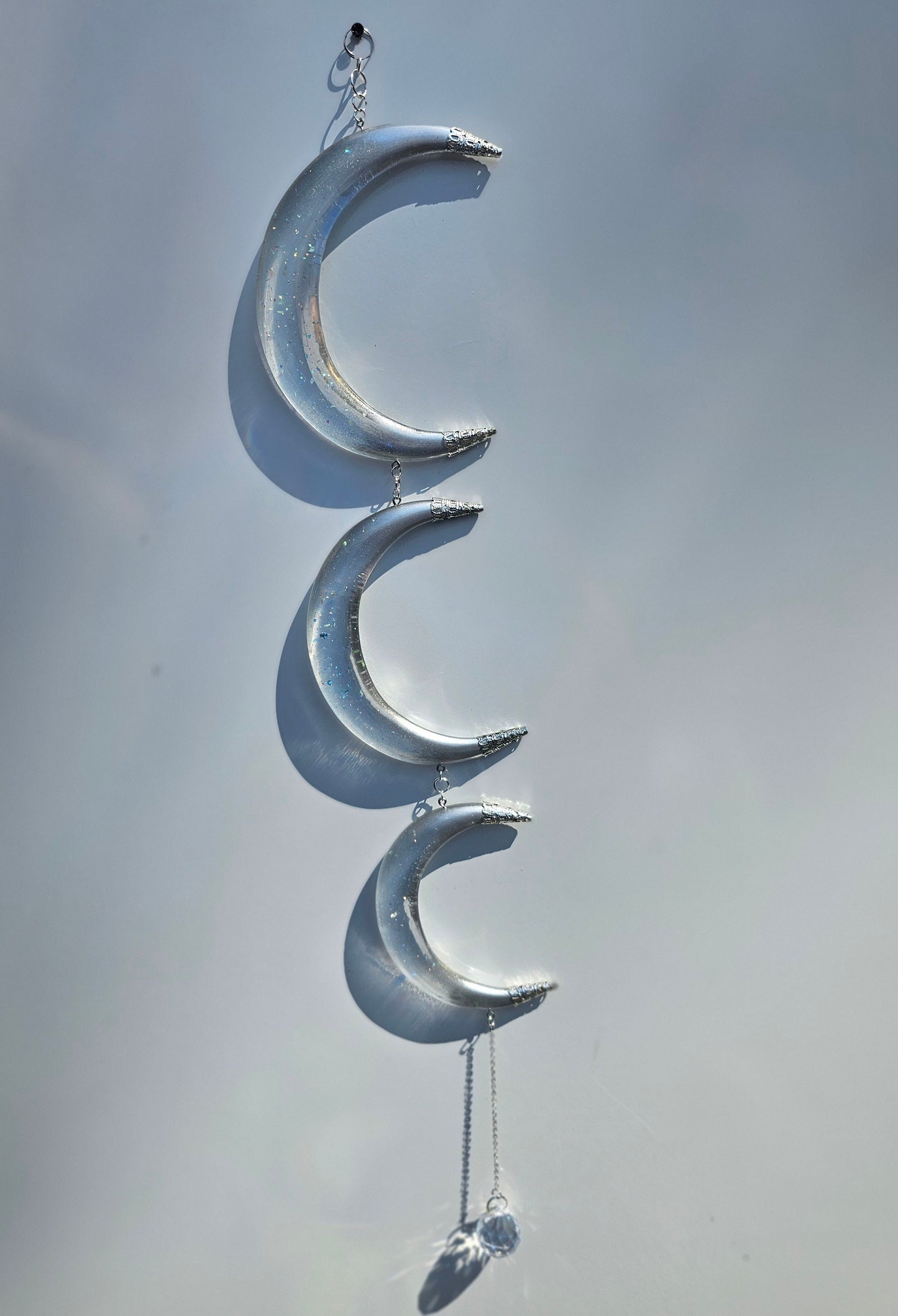 Crescent moon wall art. Clear iridescent suncatcher. Witchy art, ritual decor. Witch craft gift. Spellbound ritual window art