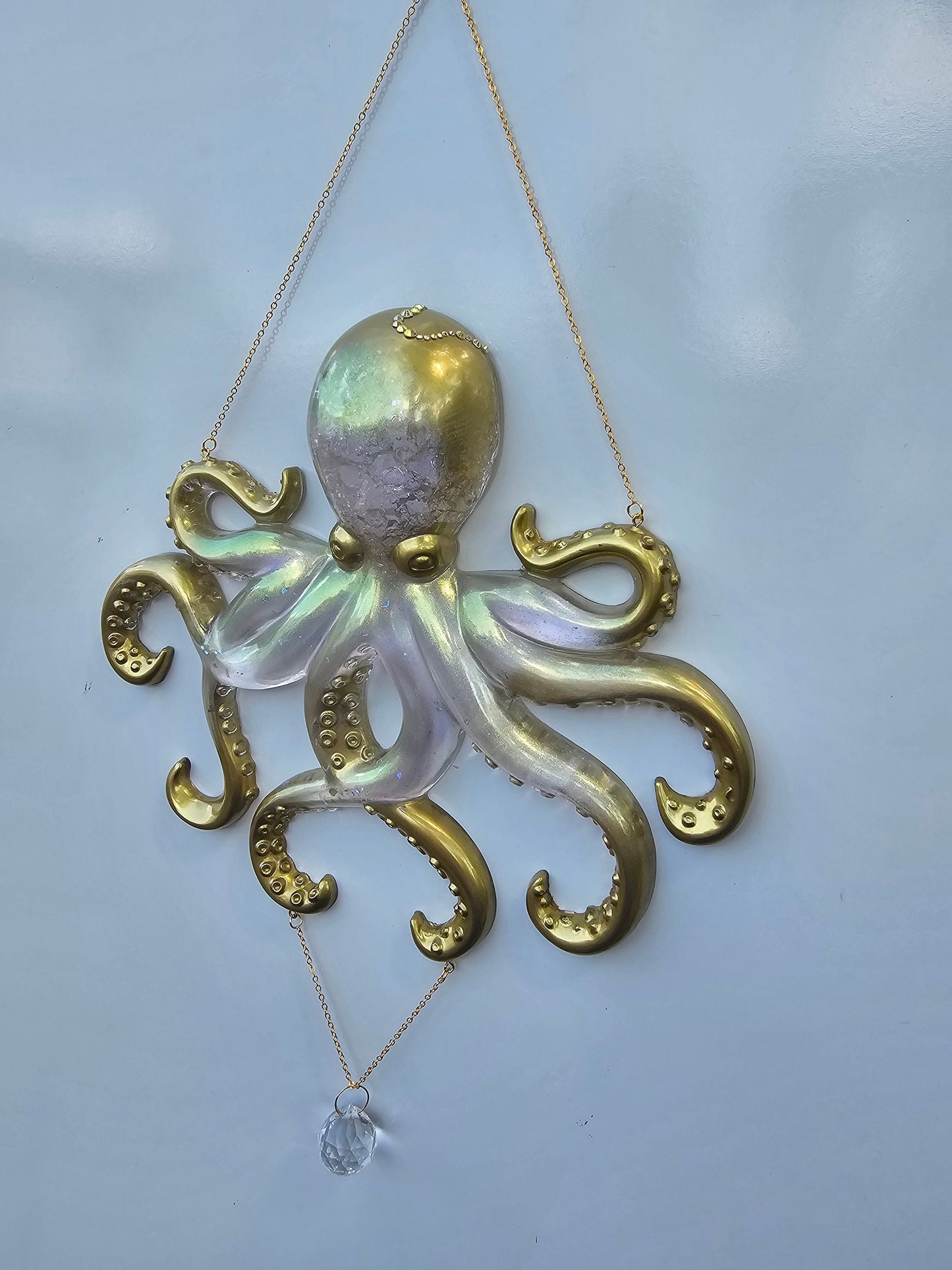 Octopus wall art. Clear iridescent suncatcher. Ocean art, window decor.
