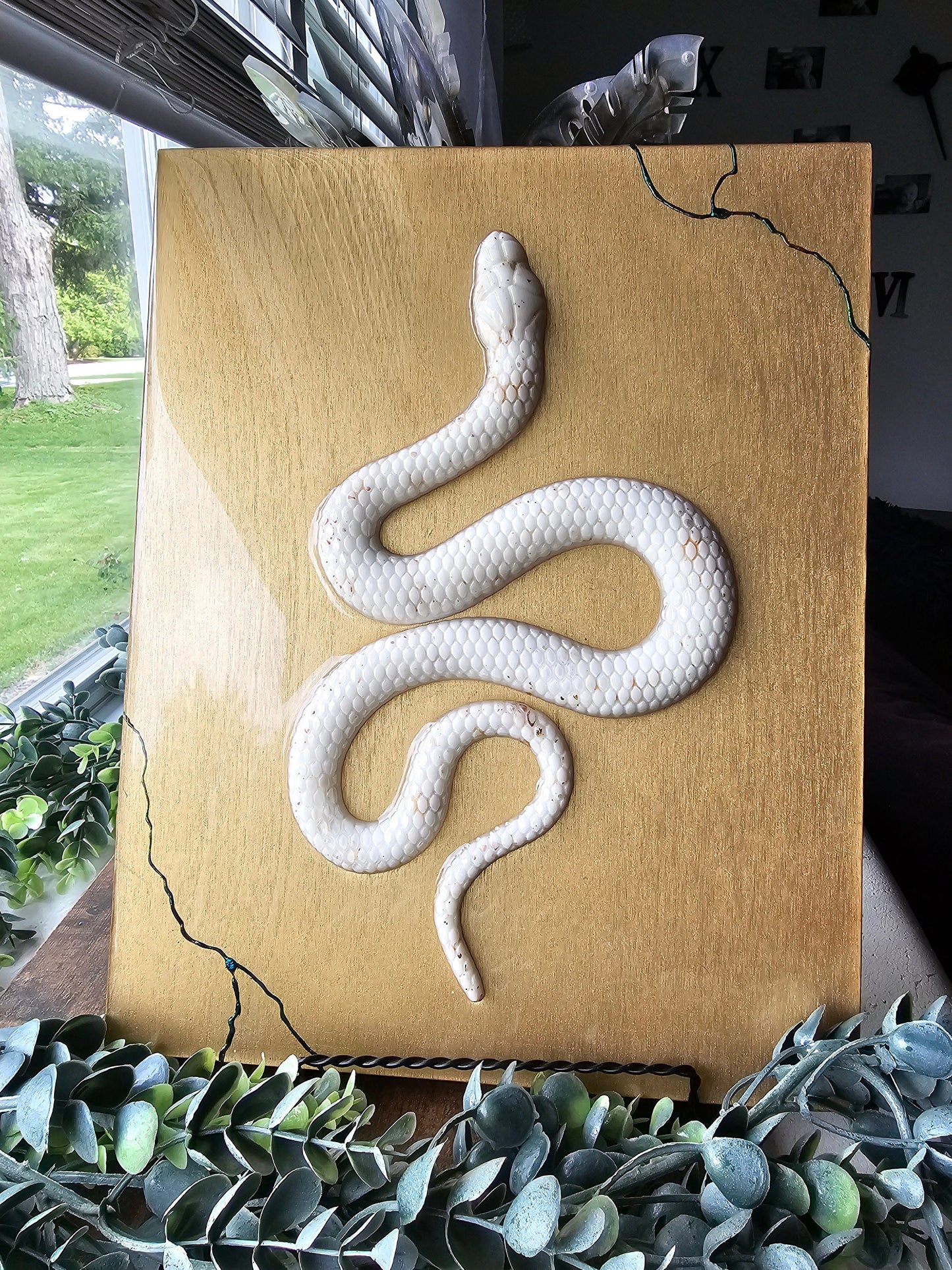 Snake wall art, 3D wall hanging. Witchy art, ritual decor. Witch craft gift. Spellbound serpent. Serpent fertility symbol. Golden serpent