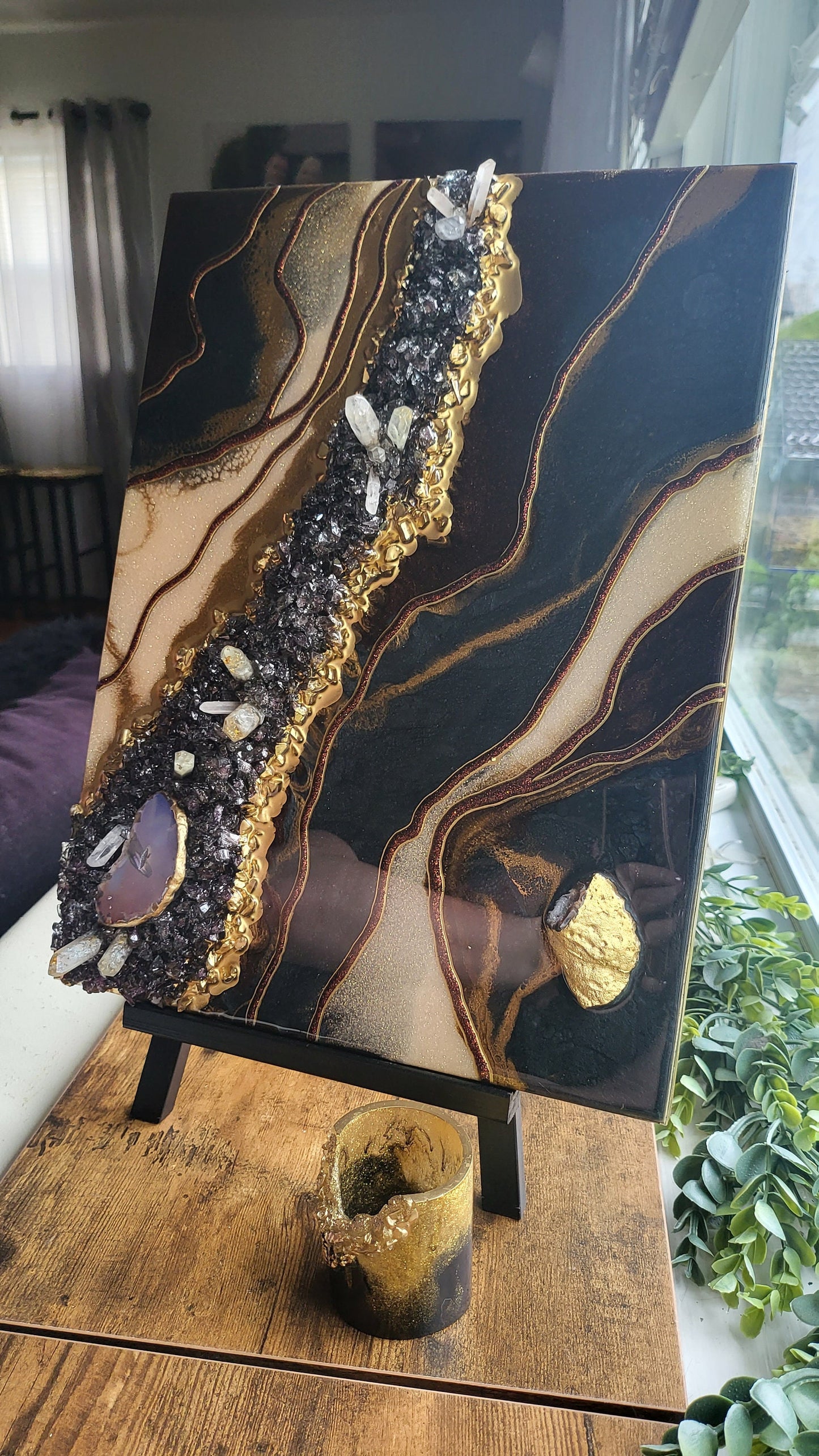 Resin wallart with geodes and crystals. Shimmering effect painting. 11"×14"