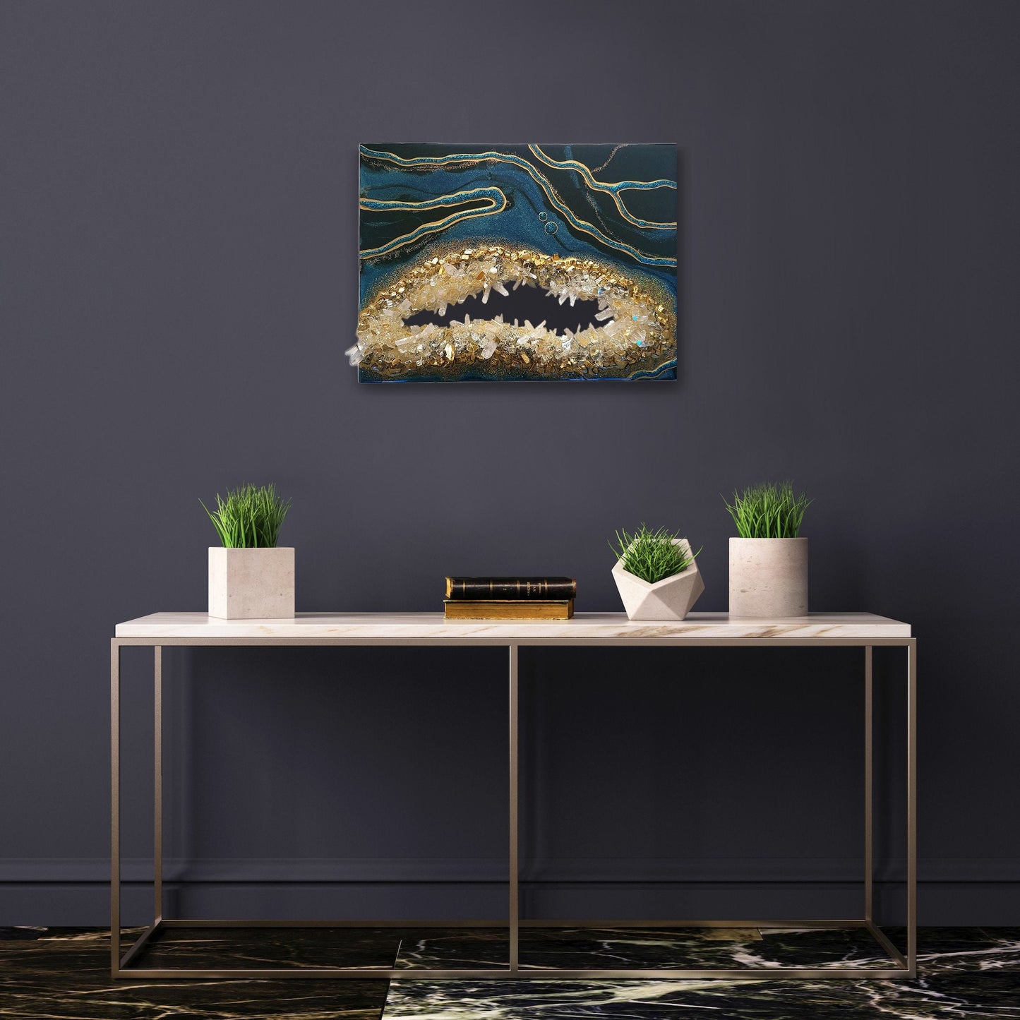 Resin wallart with quartz crystals. Resin contemporary geode shimmering effect painting. 11"×14"