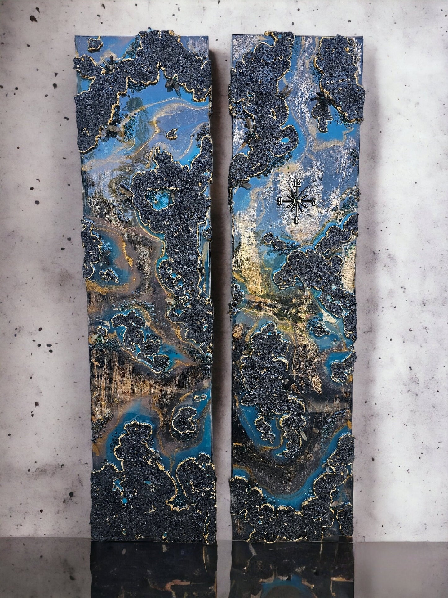 Two panel resin and crystal painting. Abstract geode wallart with clock. Genuine smokey quartz details. 12" x 48" statement pieces.
