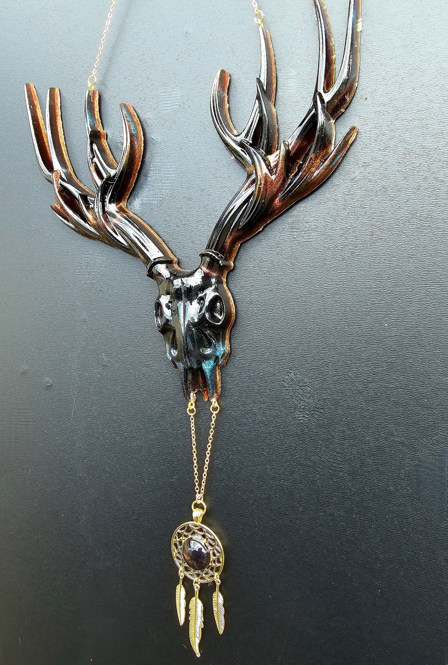 Elk horn wall art, 3D dreamcatcher. Rhinstone art, contemporary decor. Suncatcher, mooncatcher with clear crystal hanging accent. Witchy art