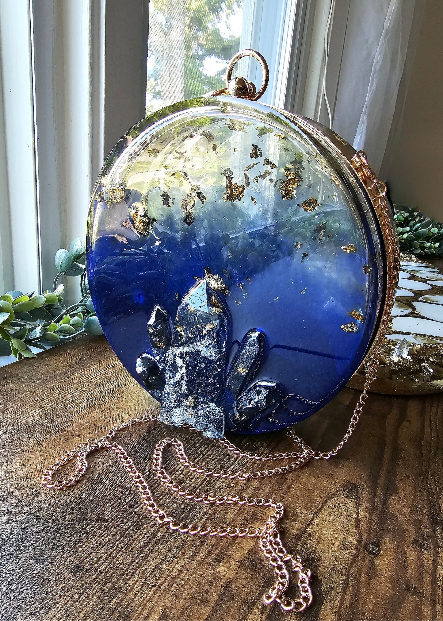 Clutch, evening purse. Handmade resin shoulder purse. Formal wear, fashion statement. Outfit accent, crystal round clutch.