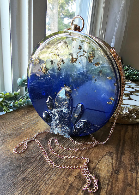 Clutch, evening purse. Handmade resin shoulder purse. Formal wear, fashion statement. Outfit accent, crystal round clutch.