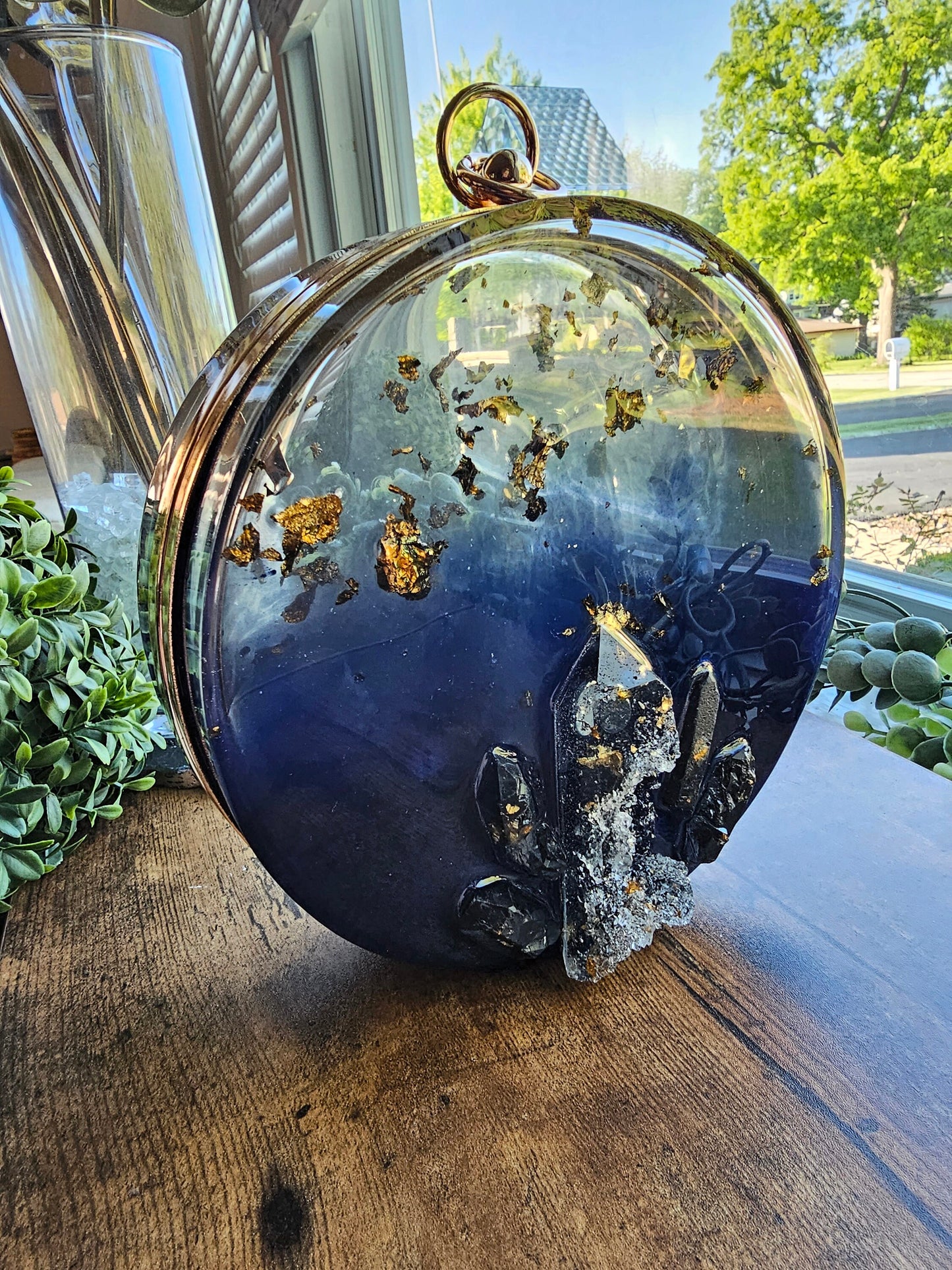 Clutch, evening purse. Handmade resin shoulder purse. Formal wear, fashion statement. Outfit accent, crystal round clutch.