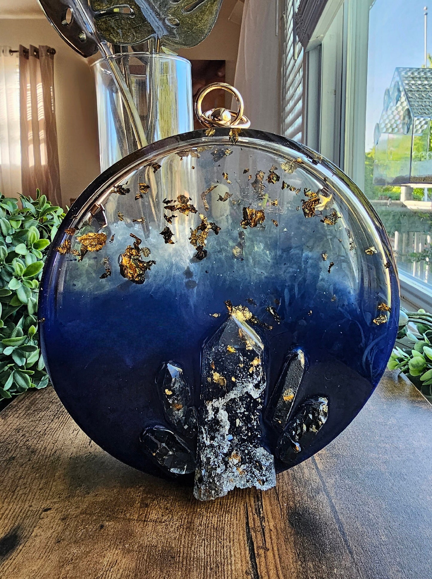 Clutch, evening purse. Handmade resin shoulder purse. Formal wear, fashion statement. Outfit accent, crystal round clutch.