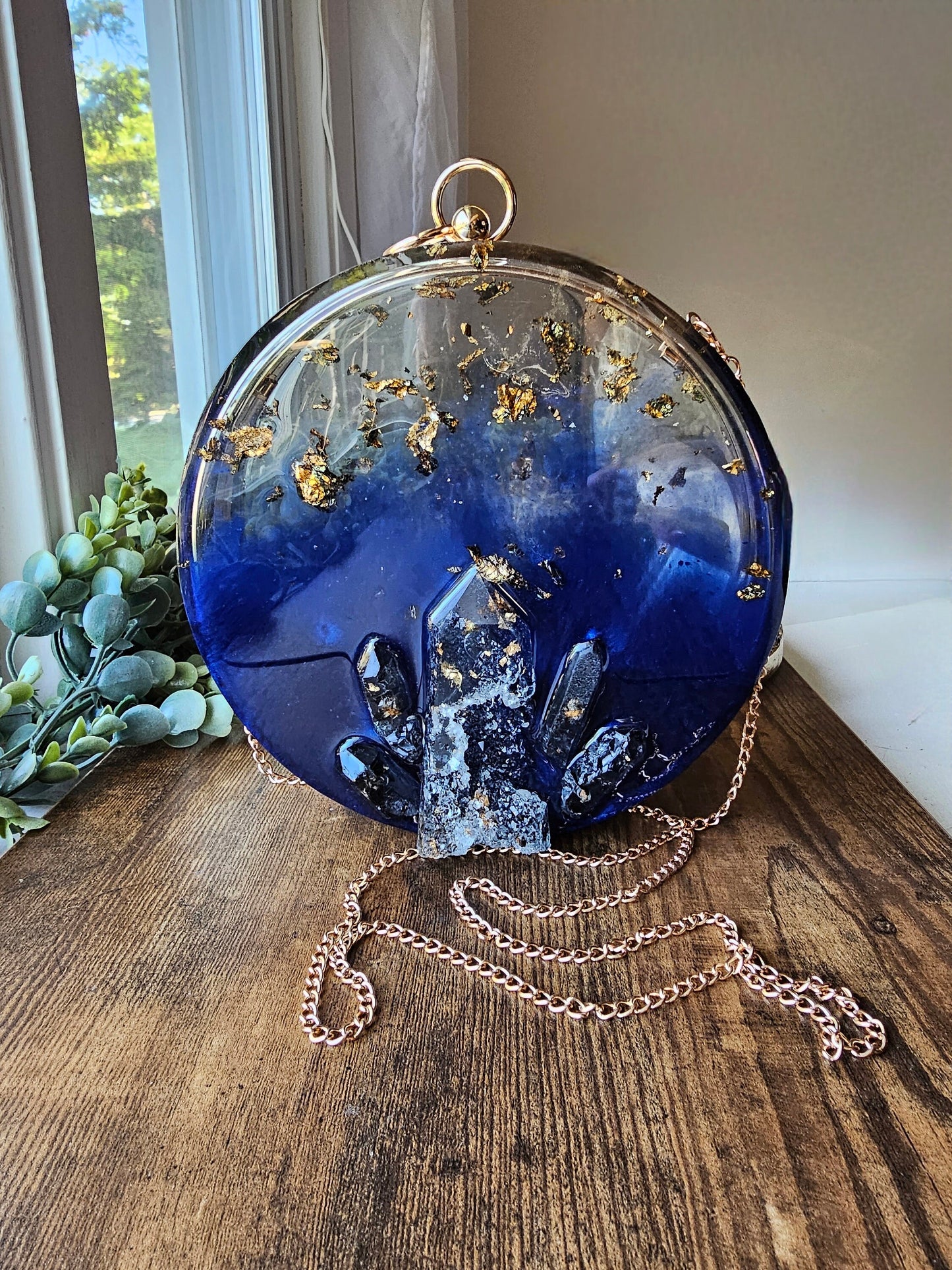 Clutch, evening purse. Handmade resin shoulder purse. Formal wear, fashion statement. Outfit accent, crystal round clutch.