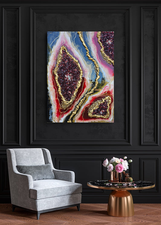 Large resin and crystal painting. Abstract geode wallart. Sparkly 30"x40" statement piece