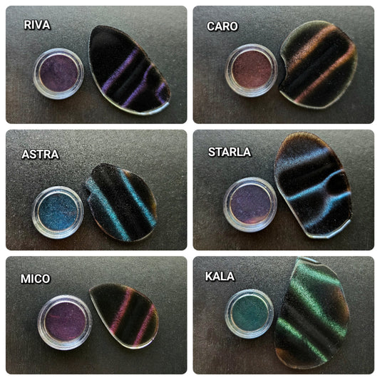 Shapeshifter pigments. Cat Eye magnetic powder. Great arts, crafts, nail polish mix. Magnet required for desired effect. 1 gram jar